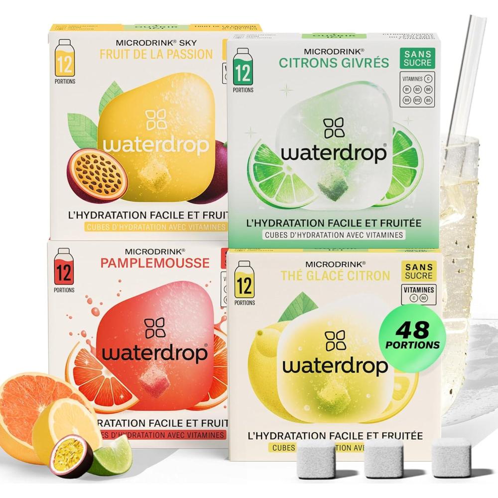 imagewaterdrop Microdrink Set Coffret Fruits Classiques 48 Pastilles Pour Boisson Hydratante en Saveurs Pomme Orange Framboise ampamp Cassis Cubes Boisson Vegan Vitamine C B Eau Aromatise Sans SucreFruits Tropicaux