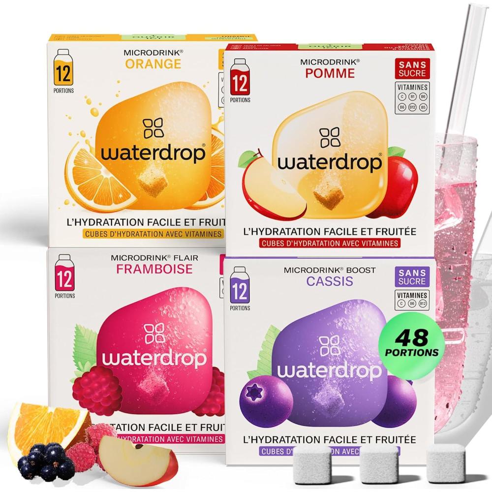 imagewaterdrop Microdrink Set Coffret Fruits Classiques 48 Pastilles Pour Boisson Hydratante en Saveurs Pomme Orange Framboise ampamp Cassis Cubes Boisson Vegan Vitamine C B Eau Aromatise Sans SucreCoffret Microdrink FLAIR
