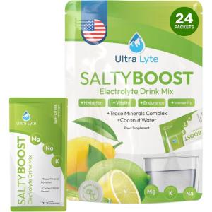 Ultra Lyte Electrolytes Lot de 24 sachets de mélange à boisson – Poudre d&rsquo;électrolytes sans sucre à haute teneur en sodium, oligo-minéraux et eau de noix de coco – Réhydratation pour le fitness (24