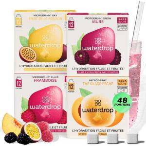 waterdrop® Microdrink Set Coffret Fruits Classiques – 48 Pastilles Pour Boisson Hydratante en Saveurs Pomme, Orange, Framboise & Cassis, Cubes Boisson Vegan, Vitamine C B, Eau Aromatisée Sans Sucre(Coffret Microdrink SKY)