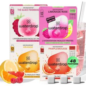 waterdrop® Microdrink Set Coffret Fruits Classiques – 48 Pastilles Pour Boisson Hydratante en Saveurs Pomme, Orange, Framboise & Cassis, Cubes Boisson Vegan, Vitamine C B, Eau Aromatisée Sans Sucre(Coffret de Limonade)