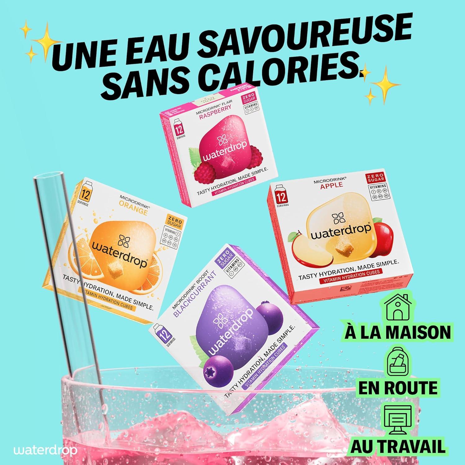 imagewaterdrop Microdrink Set Coffret Fruits Classiques 48 Pastilles Pour Boisson Hydratante en Saveurs Pomme Orange Framboise ampamp Cassis Cubes Boisson Vegan Vitamine C B Eau Aromatise Sans SucreCoffret Microdrink FLAIR