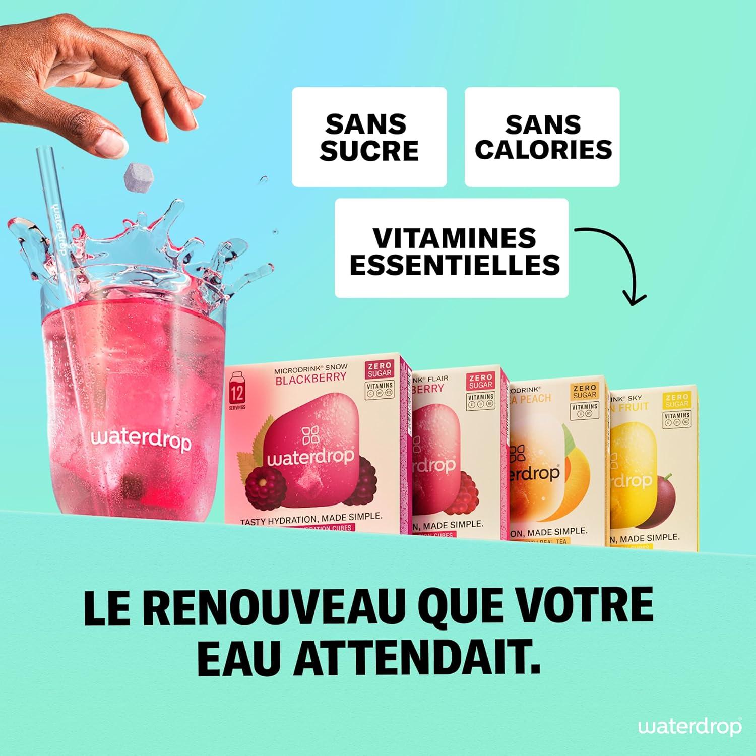 imagewaterdrop Microdrink Set Coffret Fruits Classiques 48 Pastilles Pour Boisson Hydratante en Saveurs Pomme Orange Framboise ampamp Cassis Cubes Boisson Vegan Vitamine C B Eau Aromatise Sans SucreCoffret Microdrink SKY