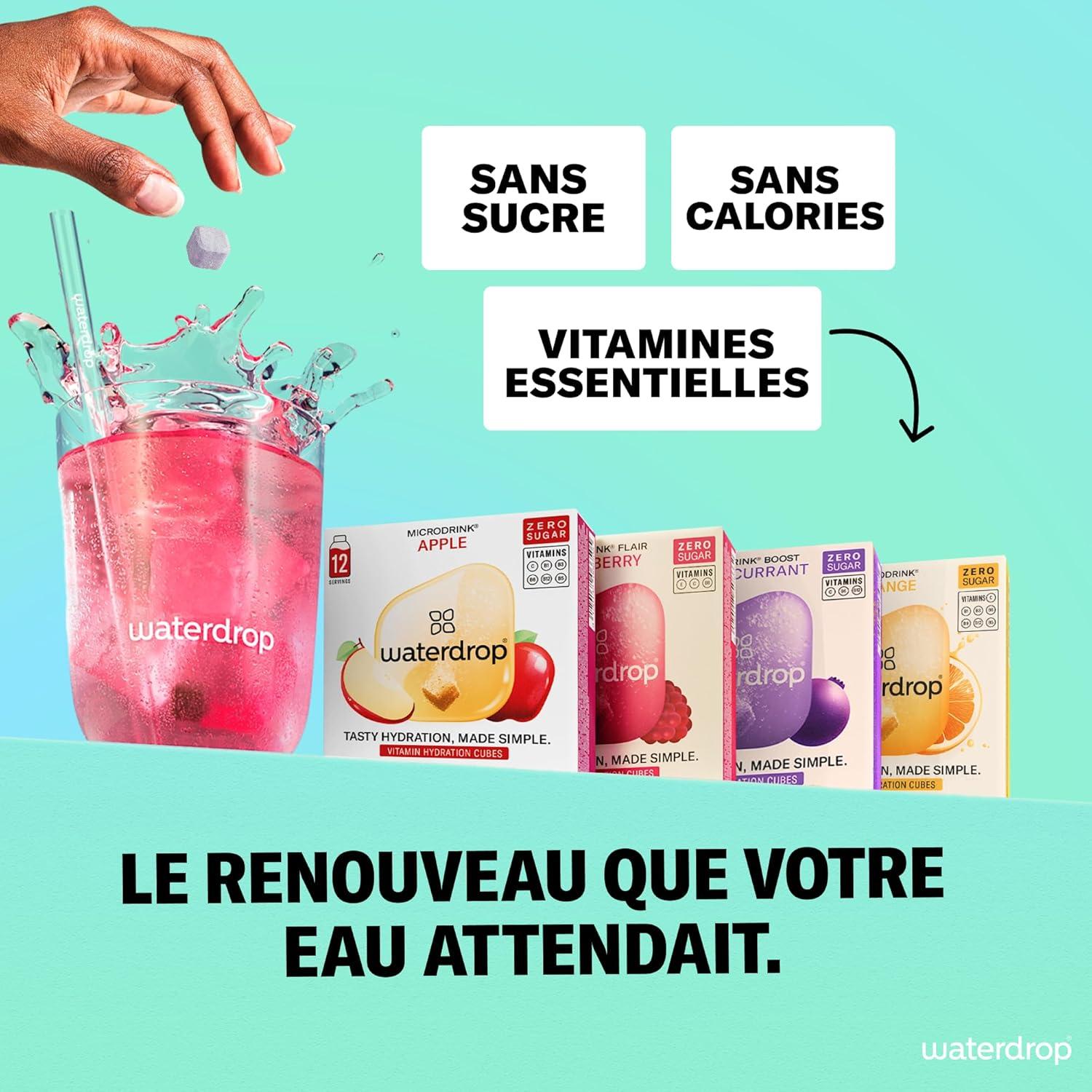 imagewaterdrop Microdrink Set Coffret Fruits Classiques 48 Pastilles Pour Boisson Hydratante en Saveurs Pomme Orange Framboise ampamp Cassis Cubes Boisson Vegan Vitamine C B Eau Aromatise Sans SucreCoffret Microdrink FLAIR