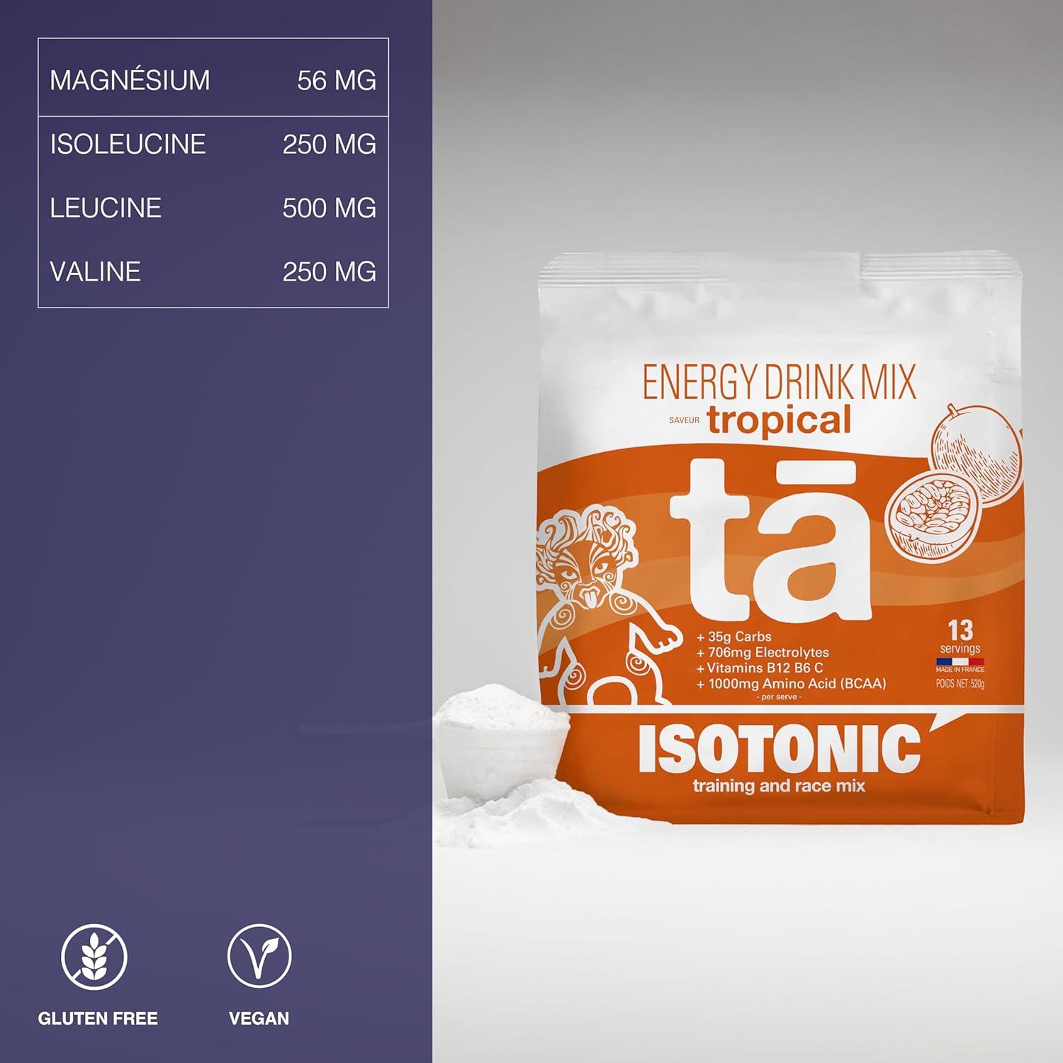 imageBoisson nergtique fabrique en France Apport en Glucides Electrolytes sodium magnsium potassium Vit C B6 B12 et BCAA Sac de 520g soit 13 bidons de 500ml ColaTropical