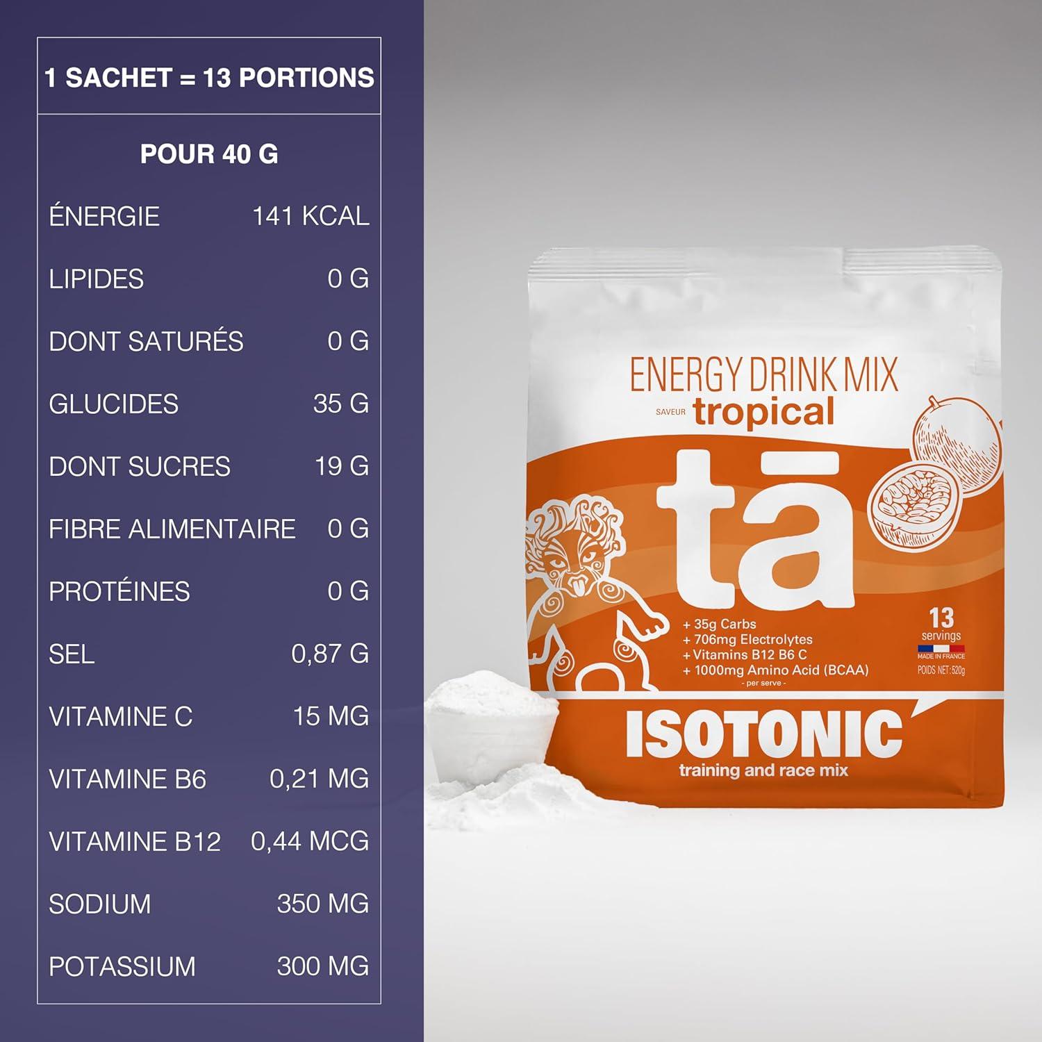imageBoisson nergtique fabrique en France Apport en Glucides Electrolytes sodium magnsium potassium Vit C B6 B12 et BCAA Sac de 520g soit 13 bidons de 500ml ColaTropical