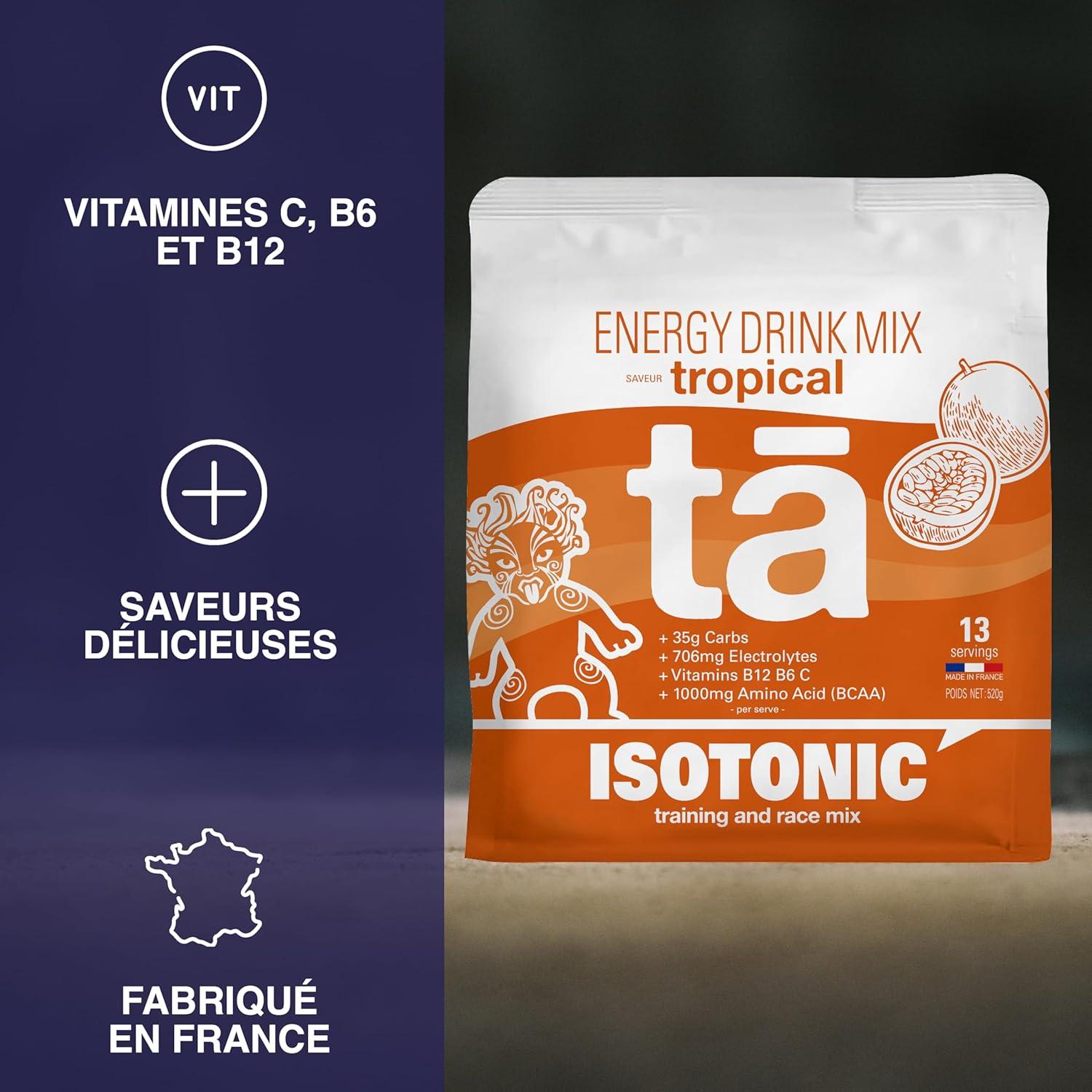imageBoisson nergtique fabrique en France Apport en Glucides Electrolytes sodium magnsium potassium Vit C B6 B12 et BCAA Sac de 520g soit 13 bidons de 500ml ColaTropical