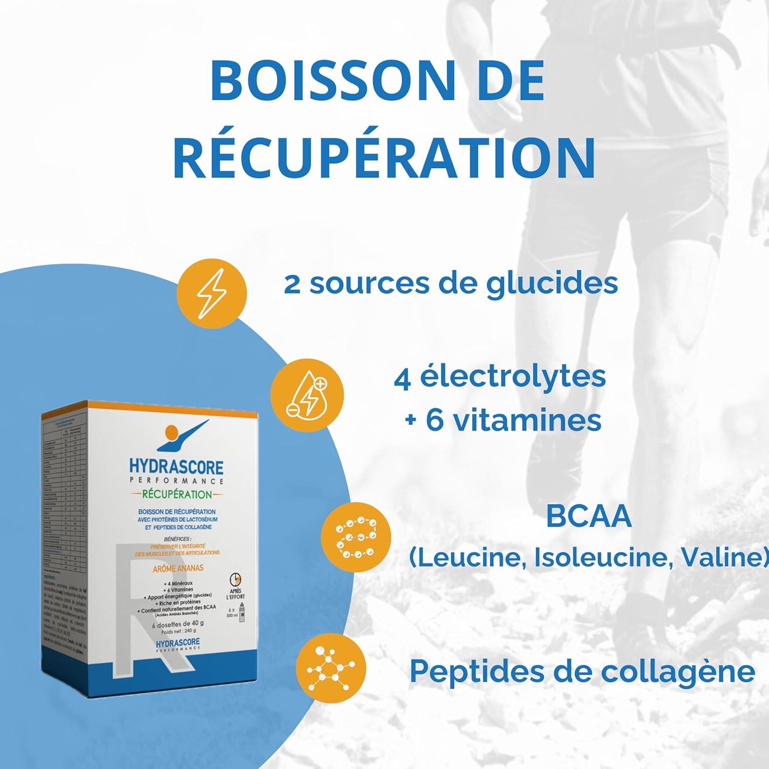 imageHydrascore Boisson de Rcupration Fruits Rouges 6 Sachets Peu de Sucres Boisson Hypotonique Energtique Running Trail Vlo Hydratation lectrolytes BCAA Hydratation H1020Ananas