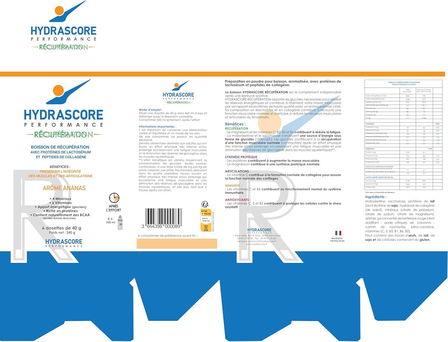 imageHydrascore Boisson de Rcupration Fruits Rouges 6 Sachets Peu de Sucres Boisson Hypotonique Energtique Running Trail Vlo Hydratation lectrolytes BCAA Hydratation H1020Ananas