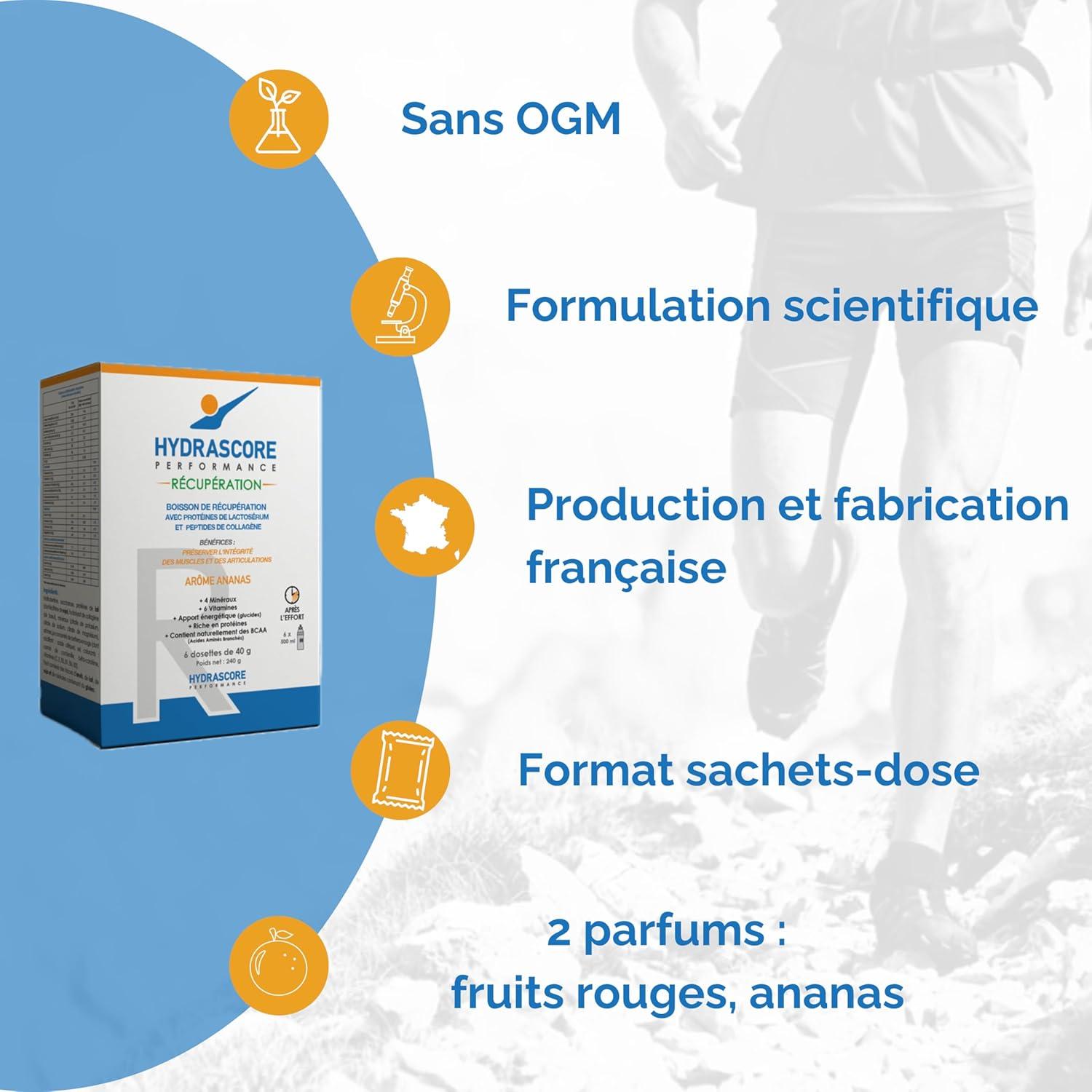 imageHydrascore Boisson de Rcupration Fruits Rouges 6 Sachets Peu de Sucres Boisson Hypotonique Energtique Running Trail Vlo Hydratation lectrolytes BCAA Hydratation H1020Ananas
