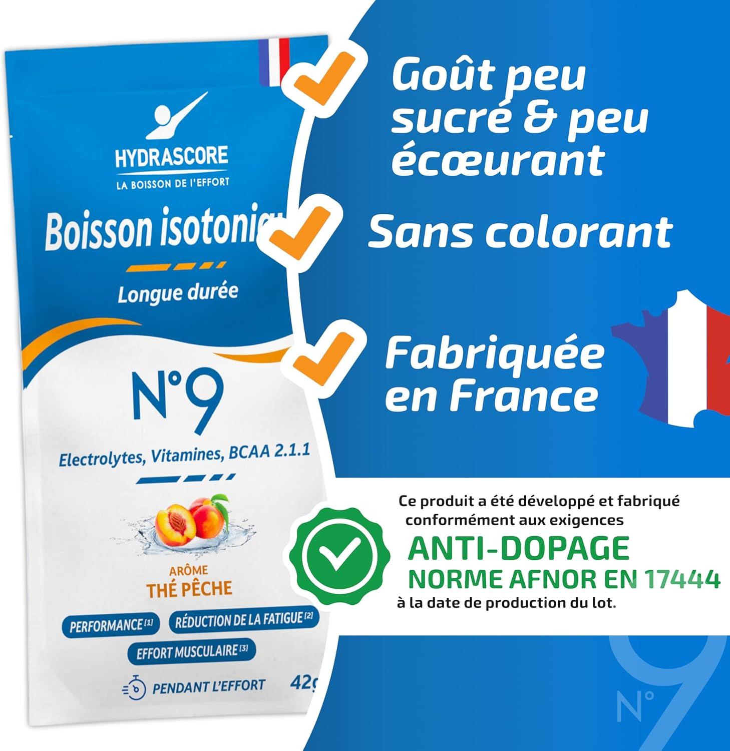 imageHydrascore N9 Th Pche 4 Dosettes Boisson Isotonique Energtique pour Sportifs Running Vlo Triathlon Poudre nergisante ampamp Hydratante lectrolytes Hydratation ampamp BCAA H1040