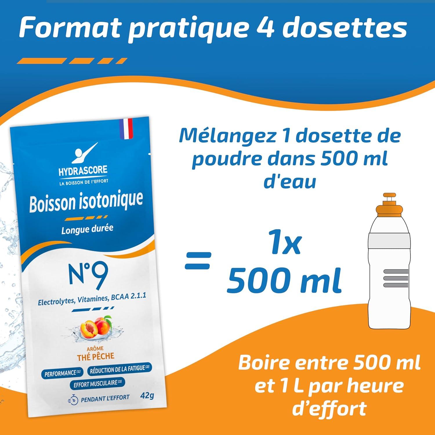 imageHydrascore N9 Th Pche 4 Dosettes Boisson Isotonique Energtique pour Sportifs Running Vlo Triathlon Poudre nergisante ampamp Hydratante lectrolytes Hydratation ampamp BCAA H1040