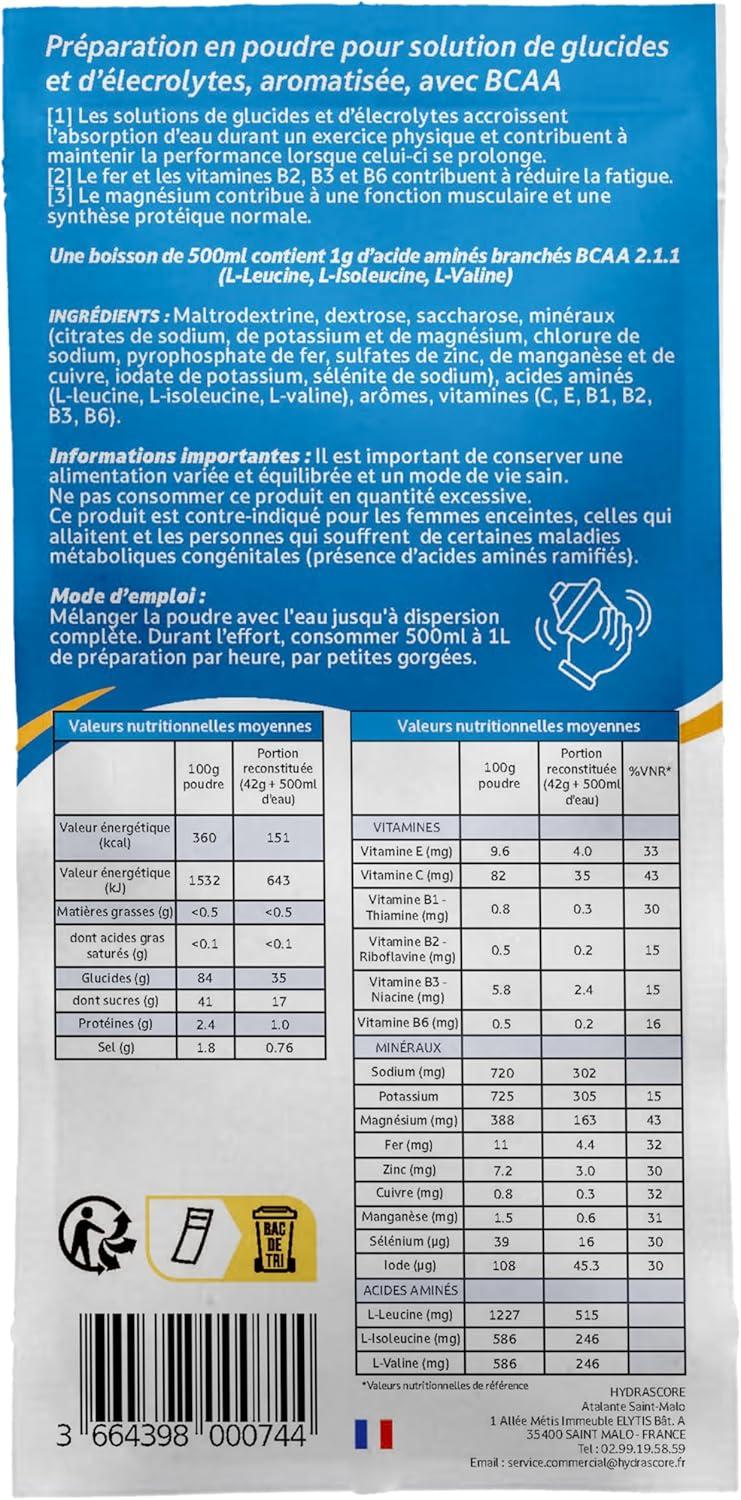 imageHydrascore N9 Th Pche 4 Dosettes Boisson Isotonique Energtique pour Sportifs Running Vlo Triathlon Poudre nergisante ampamp Hydratante lectrolytes Hydratation ampamp BCAA H1040