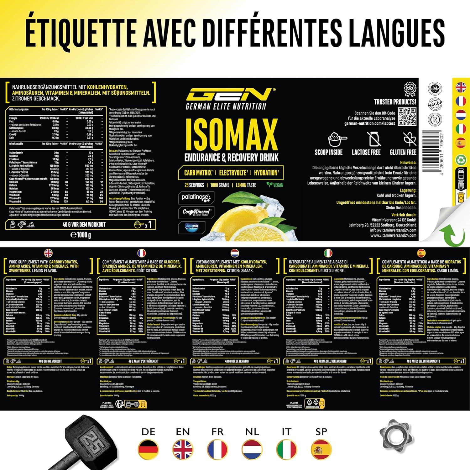 imageIsomax 1000g de poudre pour boisson isotonique avec maltodextrine glucose eau de coco acides amins lectrolytes ampamp vitamines vgtalien avec Palatinose CocoMineral Aquamin citronCitron