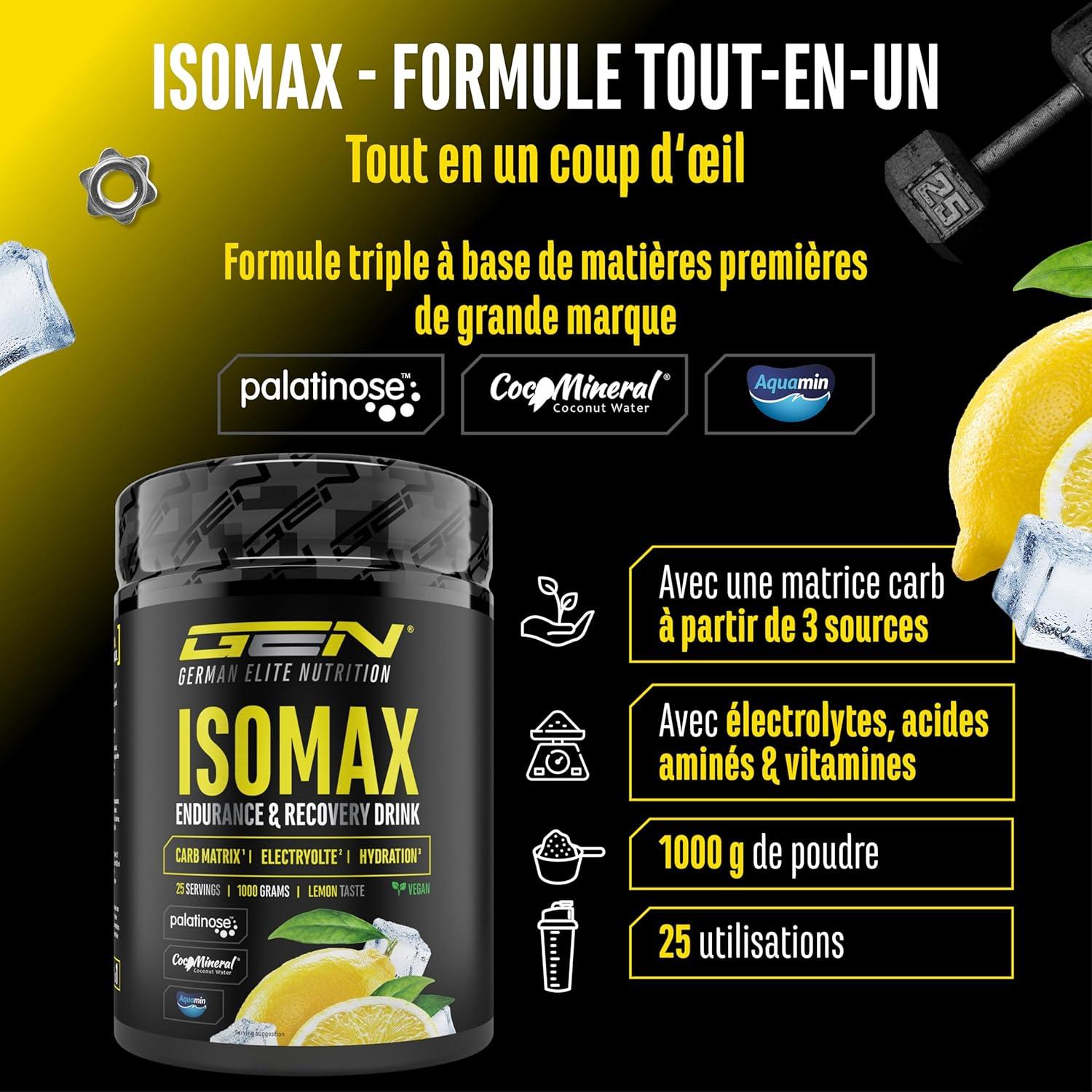 imageIsomax 1000g de poudre pour boisson isotonique avec maltodextrine glucose eau de coco acides amins lectrolytes ampamp vitamines vgtalien avec Palatinose CocoMineral Aquamin citronCitron