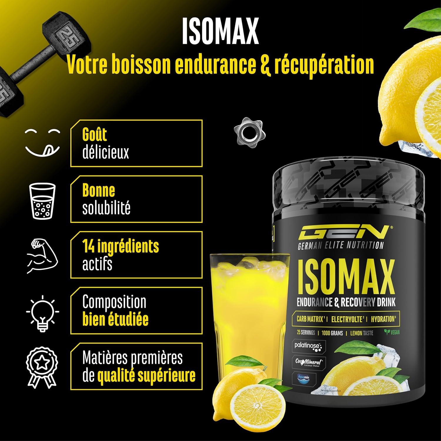 imageIsomax 1000g de poudre pour boisson isotonique avec maltodextrine glucose eau de coco acides amins lectrolytes ampamp vitamines vgtalien avec Palatinose CocoMineral Aquamin citronCitron
