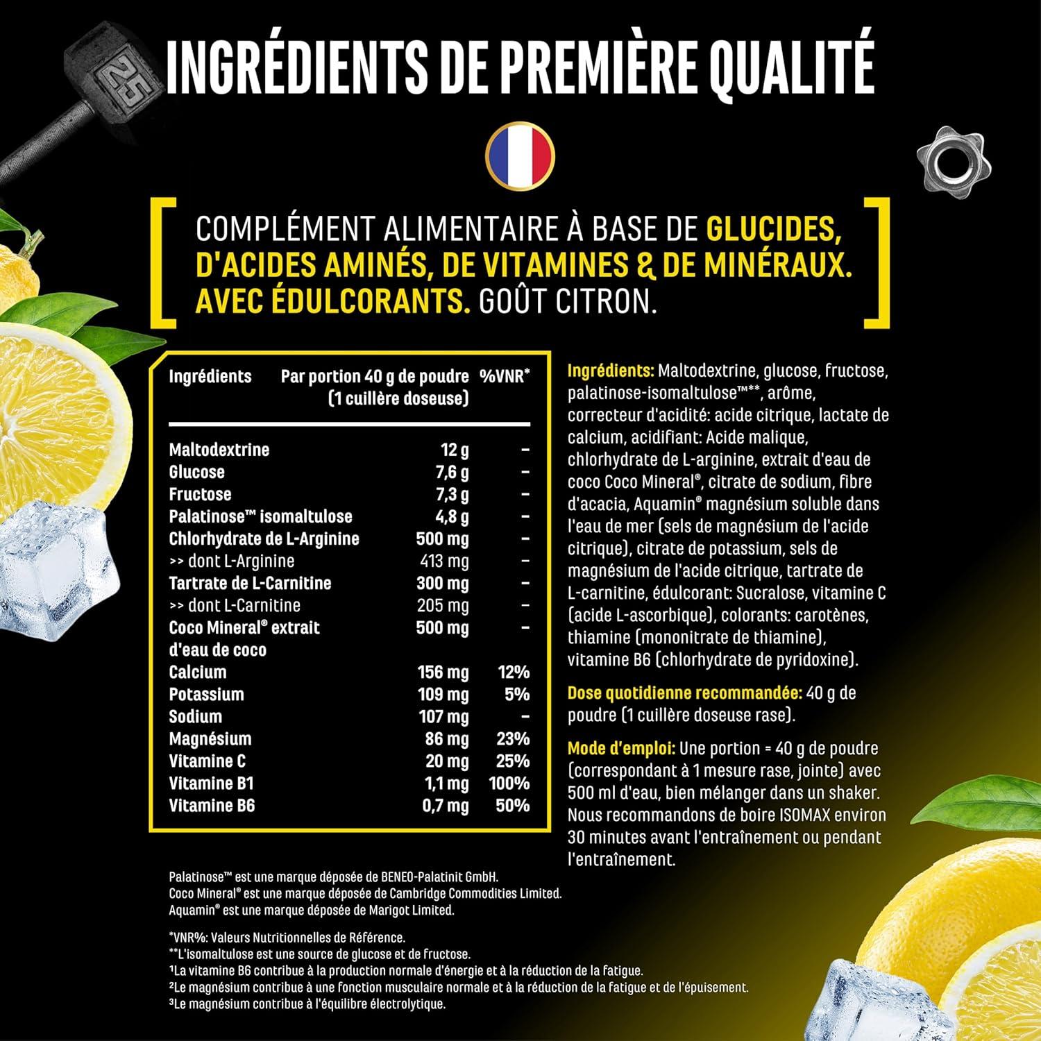 imageIsomax 1000g de poudre pour boisson isotonique avec maltodextrine glucose eau de coco acides amins lectrolytes ampamp vitamines vgtalien avec Palatinose CocoMineral Aquamin citronCitron