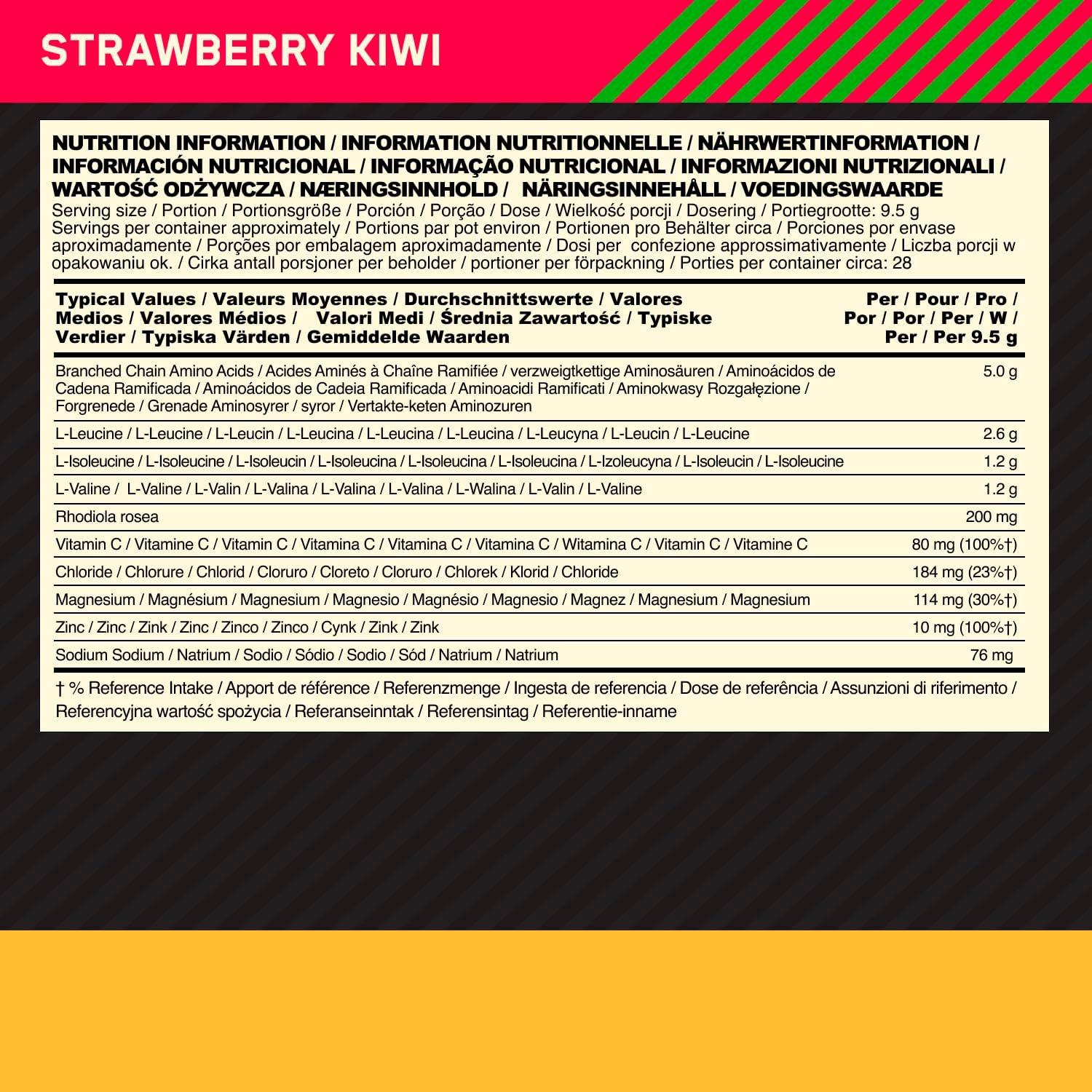imageOptimum Nutrition Gold Standard BCAA Train Sustain poudre dacides amins prentranement boisson sportive vitamine C zinc magnsium et lectrolytes saveur fraise ampamp kiwi 28 doses 266 gFraise Kiwi