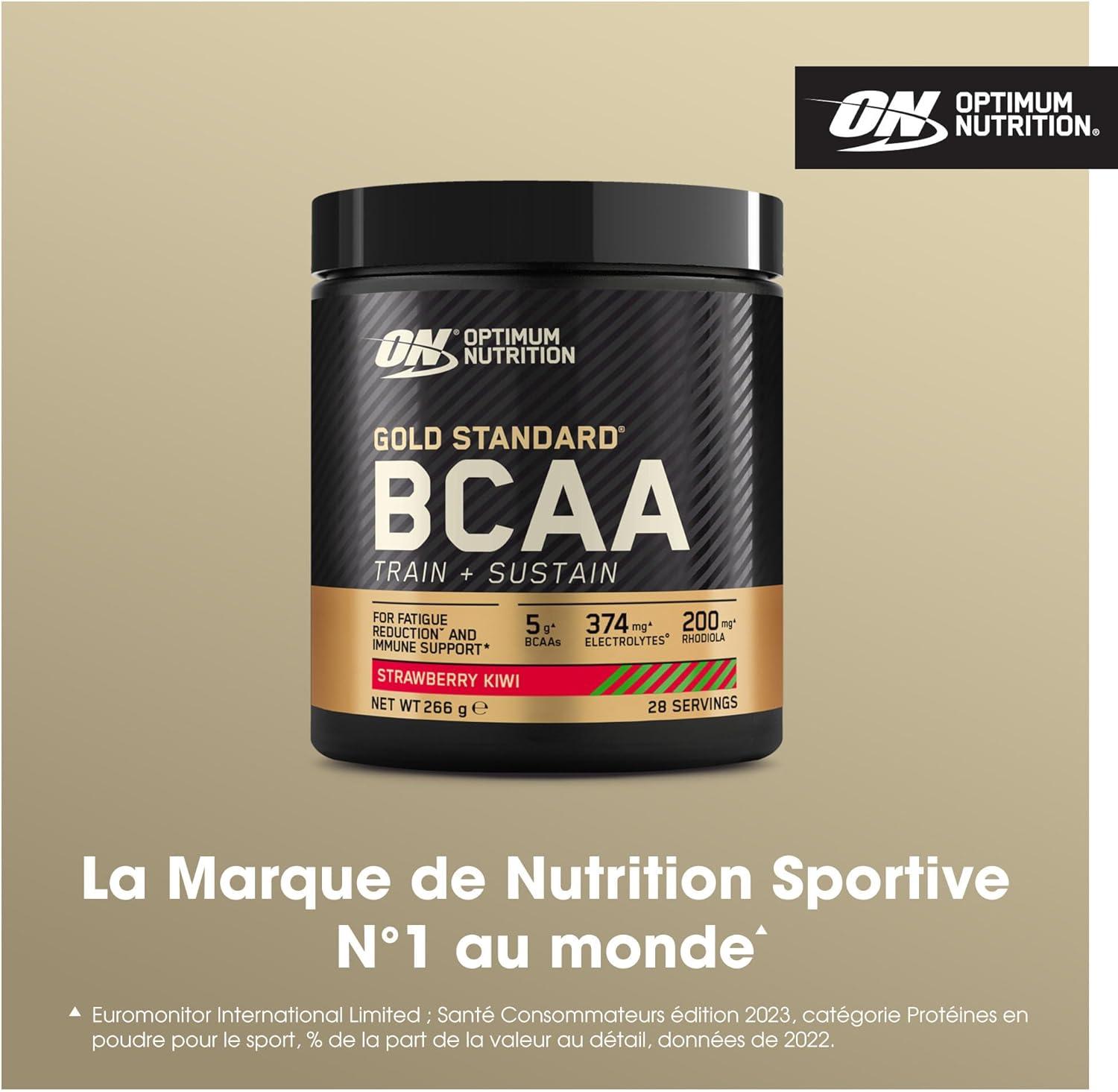 imageOptimum Nutrition Gold Standard BCAA Train Sustain poudre dacides amins prentranement boisson sportive vitamine C zinc magnsium et lectrolytes saveur fraise ampamp kiwi 28 doses 266 gFraise Kiwi