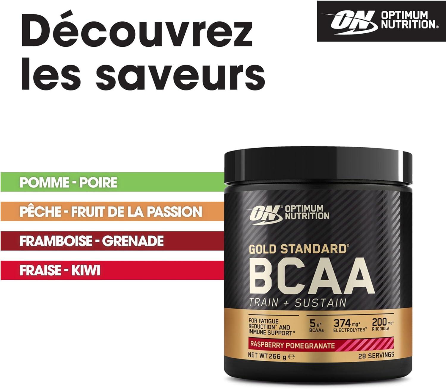 imageOptimum Nutrition Gold Standard BCAA Train Sustain poudre dacides amins prentranement boisson sportive vitamine C zinc magnsium et lectrolytes saveur fraise ampamp kiwi 28 doses 266 gFramboise Grenade