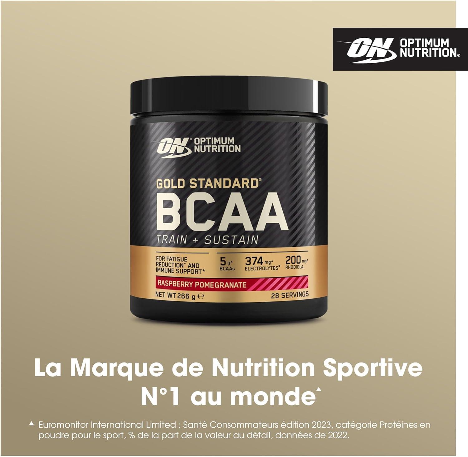 imageOptimum Nutrition Gold Standard BCAA Train Sustain poudre dacides amins prentranement boisson sportive vitamine C zinc magnsium et lectrolytes saveur fraise ampamp kiwi 28 doses 266 gFramboise Grenade