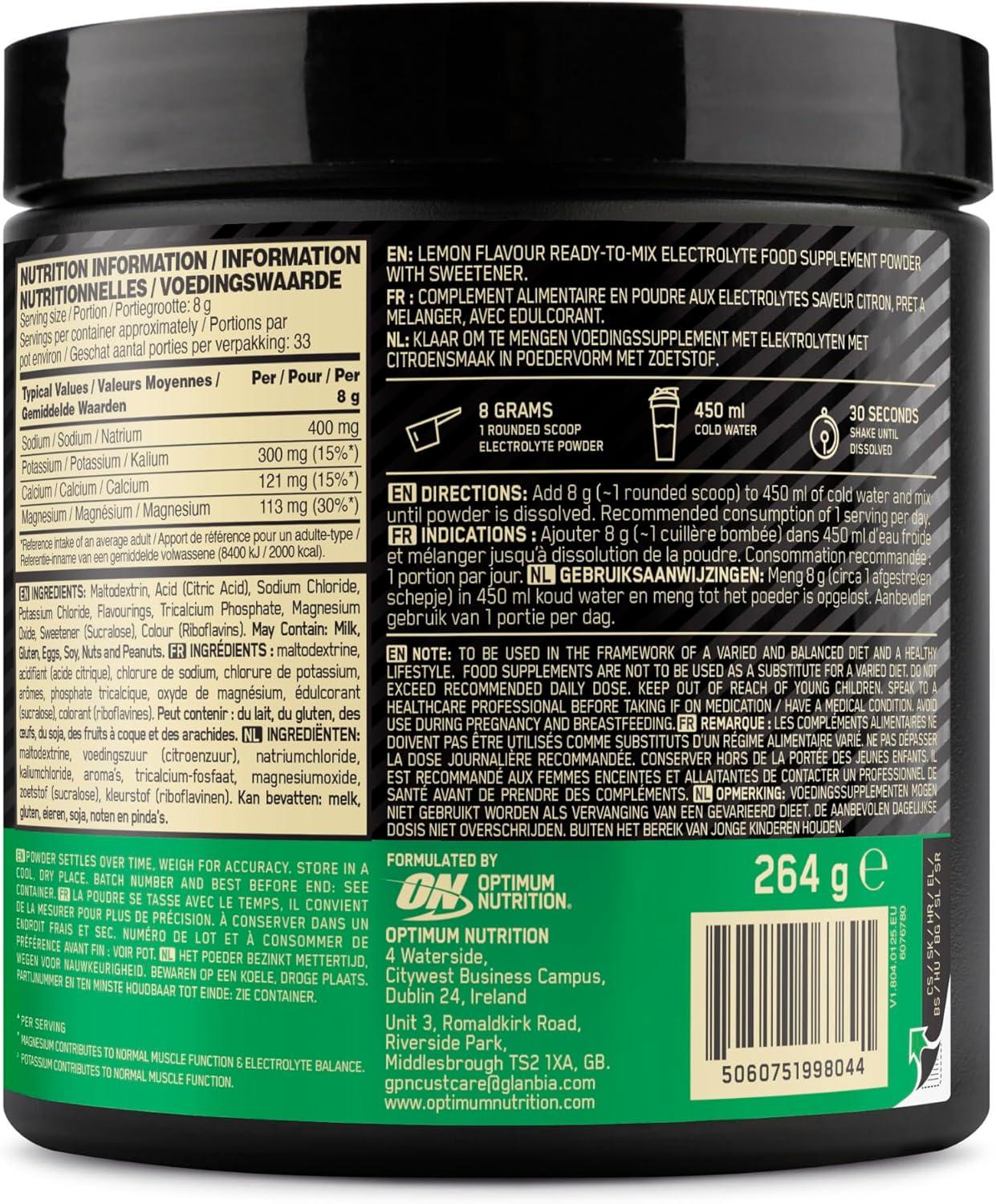 imageOptimum Nutrition Poudre lectrolytes Citron Diluer avec Sodium Magnsium Potassium Complment pour Entranement et Sport 264g 33 Portions 197 charactersCitron