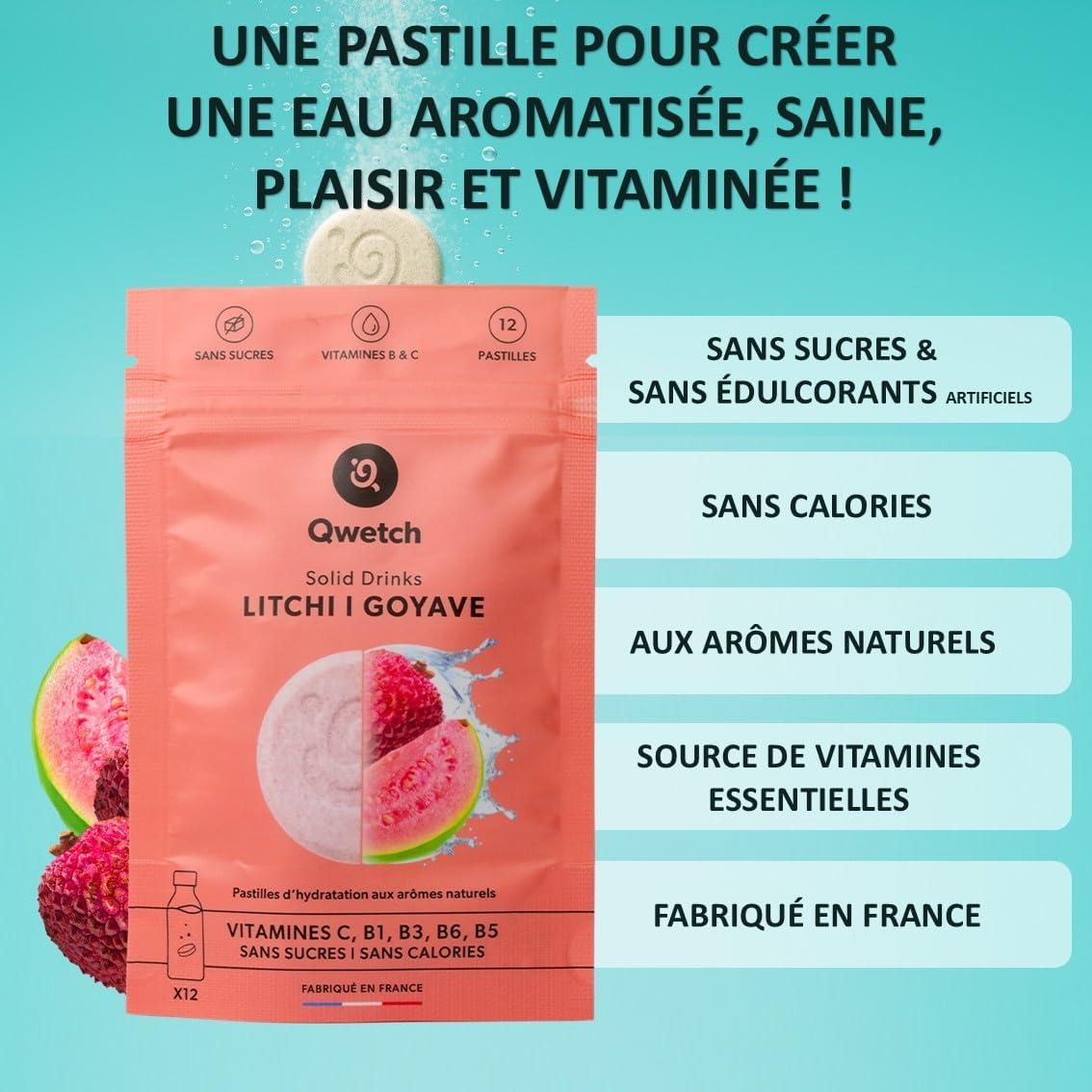 imageQwetch SOLID DRINKS 12 Pastilles dhydratation avec Vitamines C ampamp B Boisson Sans Sucres Saveurs Litchi ampamp Goyave Vegan Zro Calories Fabriqu en France