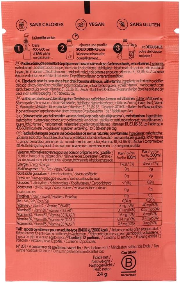 imageQwetch SOLID DRINKS 12 Pastilles dhydratation avec Vitamines C ampamp B Boisson Sans Sucres Saveurs Litchi ampamp Goyave Vegan Zro Calories Fabriqu en France