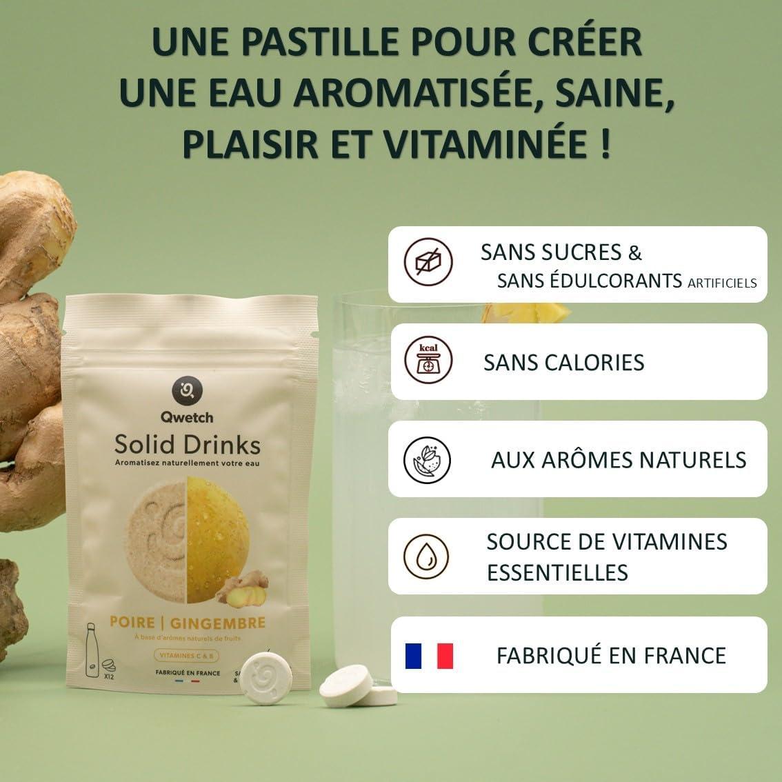 imageQwetch SOLID DRINKS 12 Pastilles dhydratation avec Vitamines C ampamp B Boisson Sans Sucres Saveurs Poire ampamp Gingembre Vegan Zro Calories Fabriqu en France