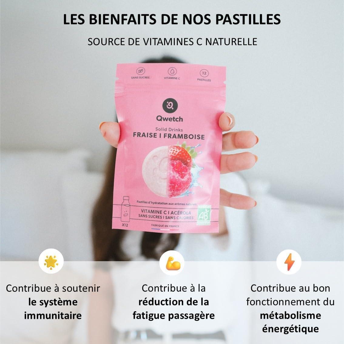 imageQwetch SOLID DRINKS 36 Pastilles dhydratation avec Vitamines C ampamp B Boisson Sans Sucres Saveurs FraiseampampFramboise MreampampMyrtille LitchiampampGoyave Vegan Zro Calories Fabriqu en FranceCoffret Fruits Rouge