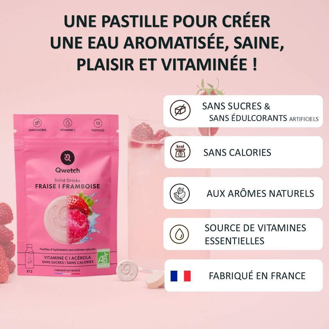 imageQwetch SOLID DRINKS 36 Pastilles dhydratation avec Vitamines C ampamp B Boisson Sans Sucres Saveurs FraiseampampFramboise MreampampMyrtille LitchiampampGoyave Vegan Zro Calories Fabriqu en FranceCoffret Fruits Rouge