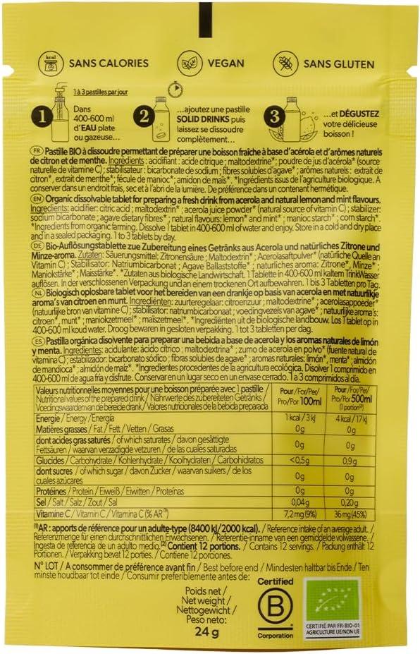 imageQwetch SOLID DRINKS BIO 12 Pastilles dhydratation avec Vitamine C Naturelle Boisson Sans Sucres Sans Calories Vegan Fabriqu en France Citron