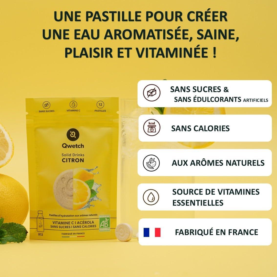imageQwetch SOLID DRINKS BIO 12 Pastilles dhydratation avec Vitamine C Naturelle Boisson Sans Sucres Sans Calories Vegan Fabriqu en France Citron
