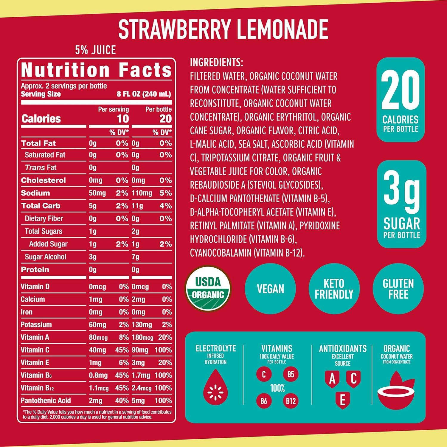 imageROAR Hydratation Complte Bio Boissons lectrolytes avec Vitamines C B5 B12 Sans OGM sans Gluten Fraise Citronnade 12 pc
