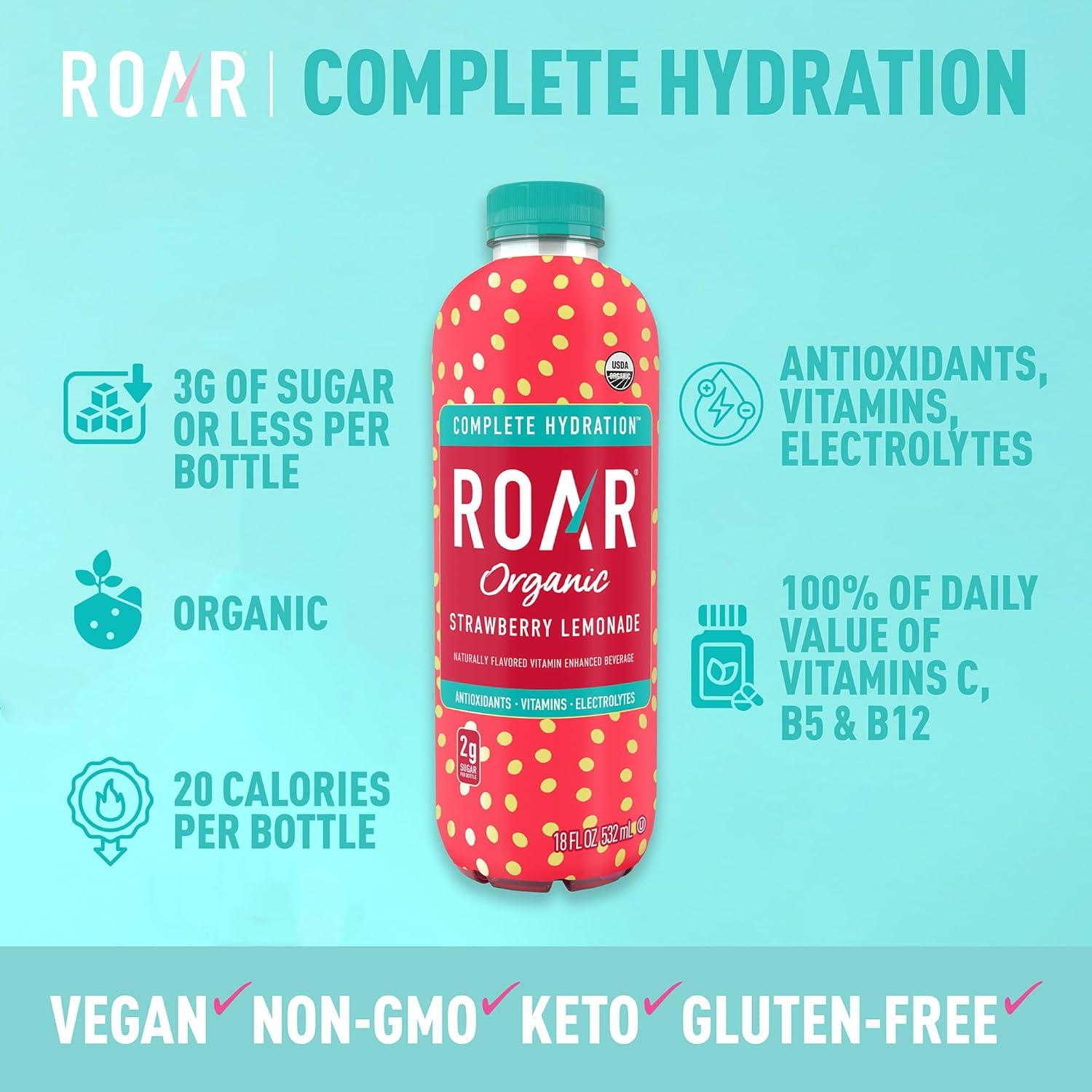 imageROAR Hydratation Complte Bio Boissons lectrolytes avec Vitamines C B5 B12 Sans OGM sans Gluten Fraise Citronnade 12 pc
