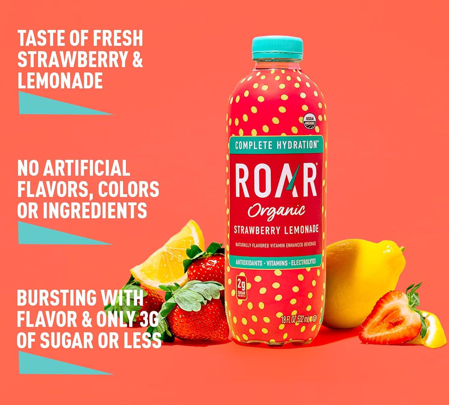 imageROAR Hydratation Complte Bio Boissons lectrolytes avec Vitamines C B5 B12 Sans OGM sans Gluten Fraise Citronnade 12 pc