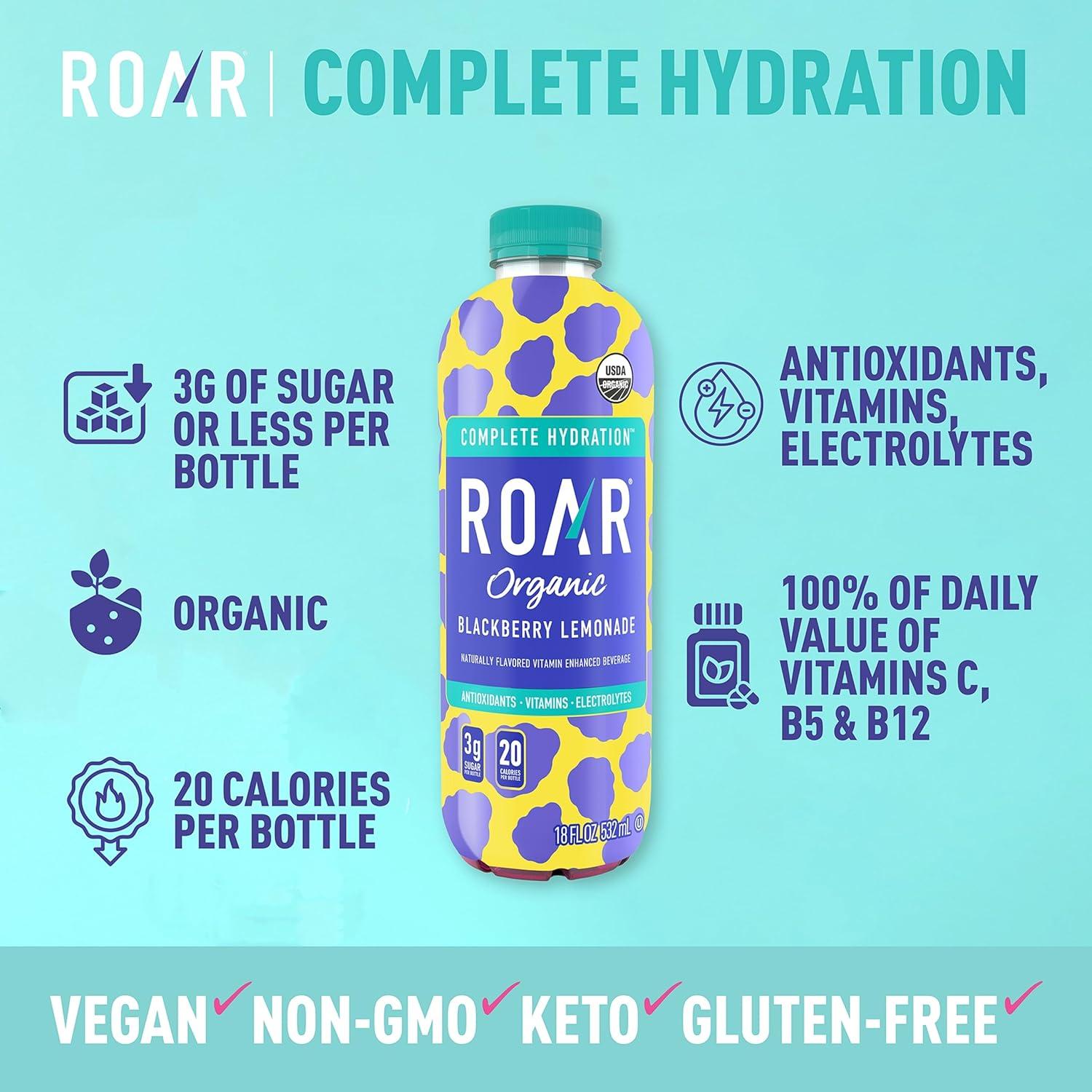 imageROAR Hydratation Complte Bio Boissons lectrolytes avec vitamines C B5 B12 Sans OGM sans Gluten Mre Citronnade 12 pc
