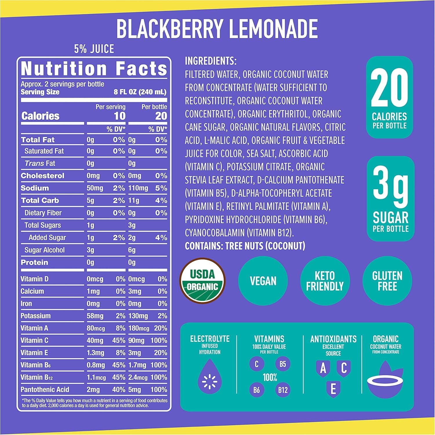 imageROAR Hydratation Complte Bio Boissons lectrolytes avec vitamines C B5 B12 Sans OGM sans Gluten Mre Citronnade 12 pc