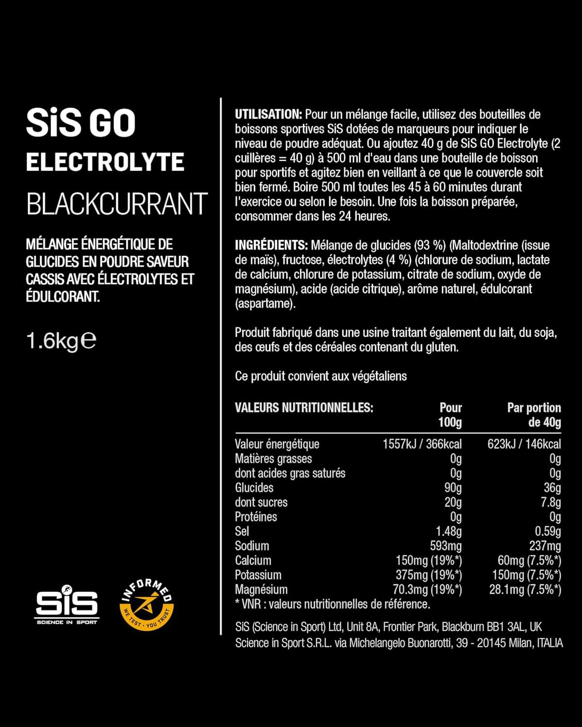 imageScience in Sport GO Poudre dlectrolytes 16kg Orange Boisson sportive vegan Poudre pour boisson isotonique pour lquilibre lectrolytique et hydriqueCassis