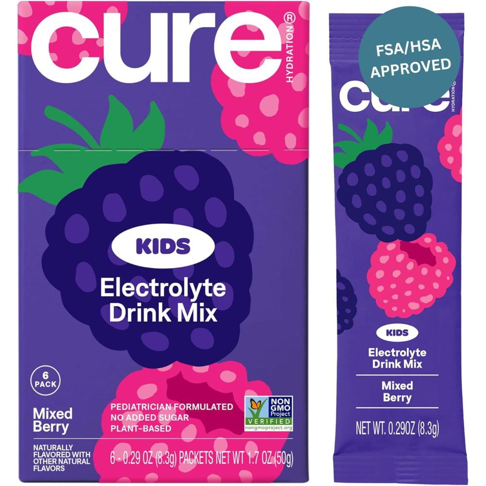 imageCure Hydration Mlange de boissons lectrolytiques pour enfants rhydratation formule sans sucre ajout sans OGM sans gluten sans armes artificiels FSA et HSA Bote de 6Baie mlange
