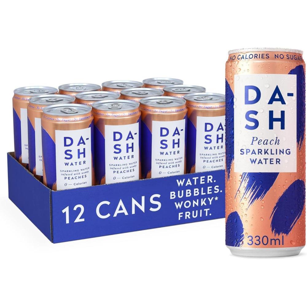 imageDASH Water Pche 12x Eaux ptillantes aromatises la pche SANS Sucre SANS dulcorant SANS calories Infuses avec des Fruits rejets 12x330mlPche