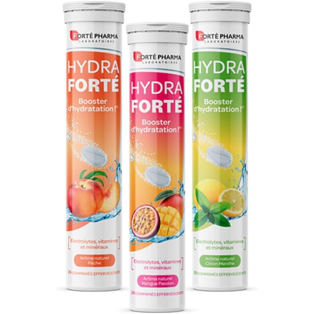 imageFort Pharma  Hydra Fort  Sport chaleur voyages  Hydratation  Electrolytes Vitamine C Magnsium  Pche Citron Menthe Mangue Passion  24x3 comprims effervescents  1  2jourHydra Fort 24x3 effervescents dont Mangue Passion