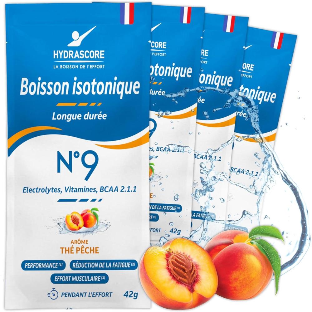 imageHydrascore N9  Th Pche 4 Dosettes  Boisson Isotonique Energtique pour Sportifs  Running Vlo Triathlon  Poudre nergisante ampamp Hydratante  lectrolytes Hydratation ampamp BCAA  H1040