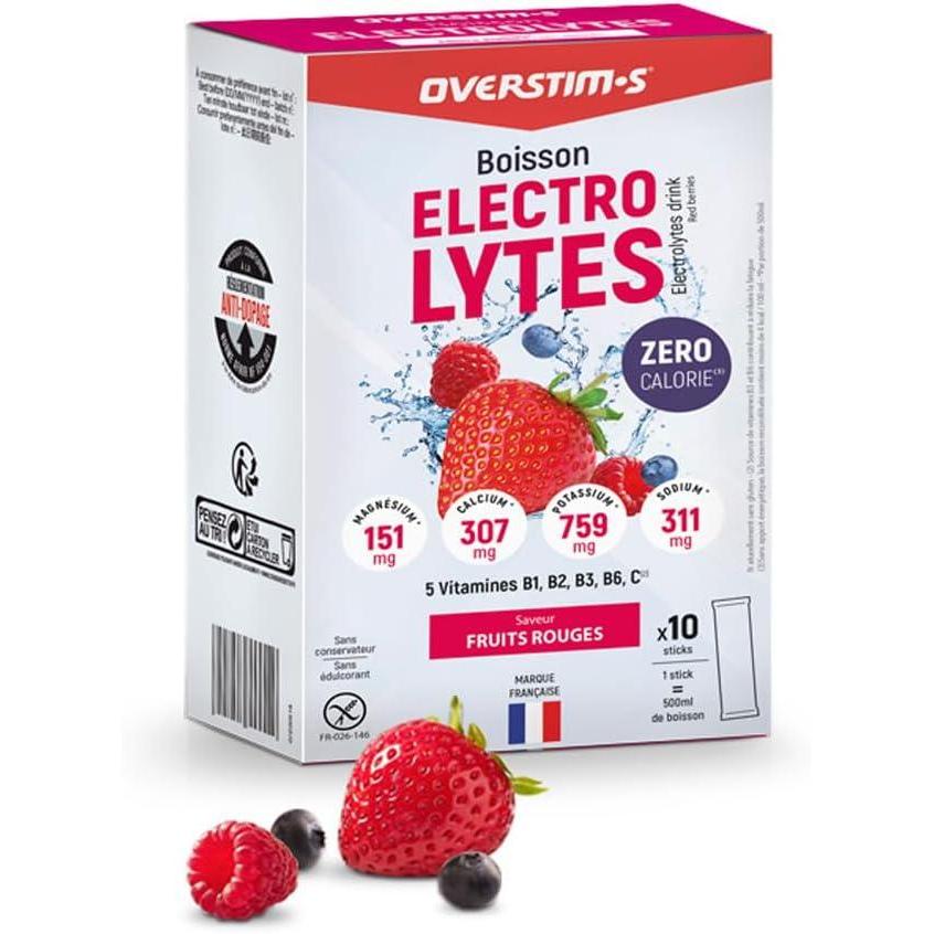 imageOverstims Boisson Electrolytes 10 Sachets Zro Calorie 4 lectrolytes Sodium Calcium Magnsium Potassium 5 Vitamines B1 B2 B3 B6 C Citron CitronvertFruits rouges
