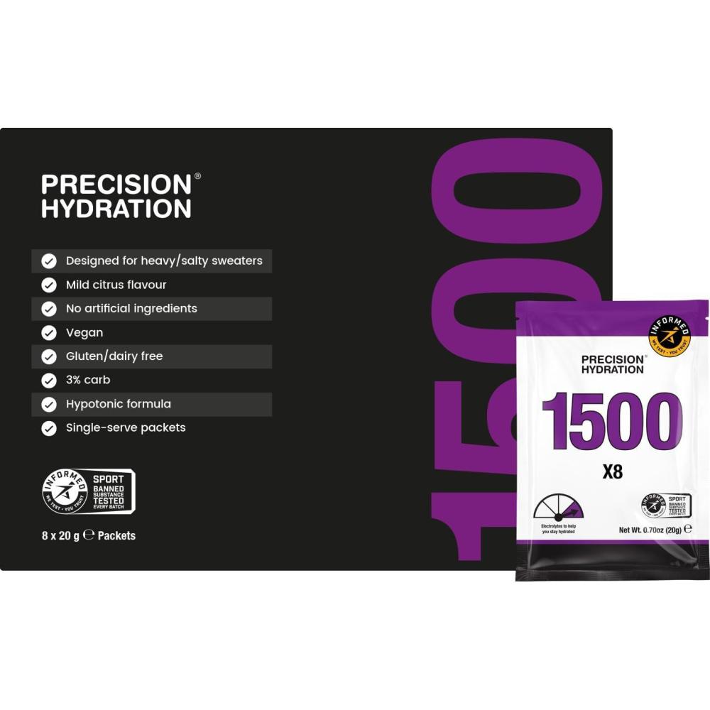 imagePrecision Hydration Mlange de Boisson lectrolyte Sans ingrdients artificiels Poudres dlectrolytes Plusieurs Concentrations Portions Individuelles tanches Pack of 8 1000 mgL Orange1500 mgL Violet