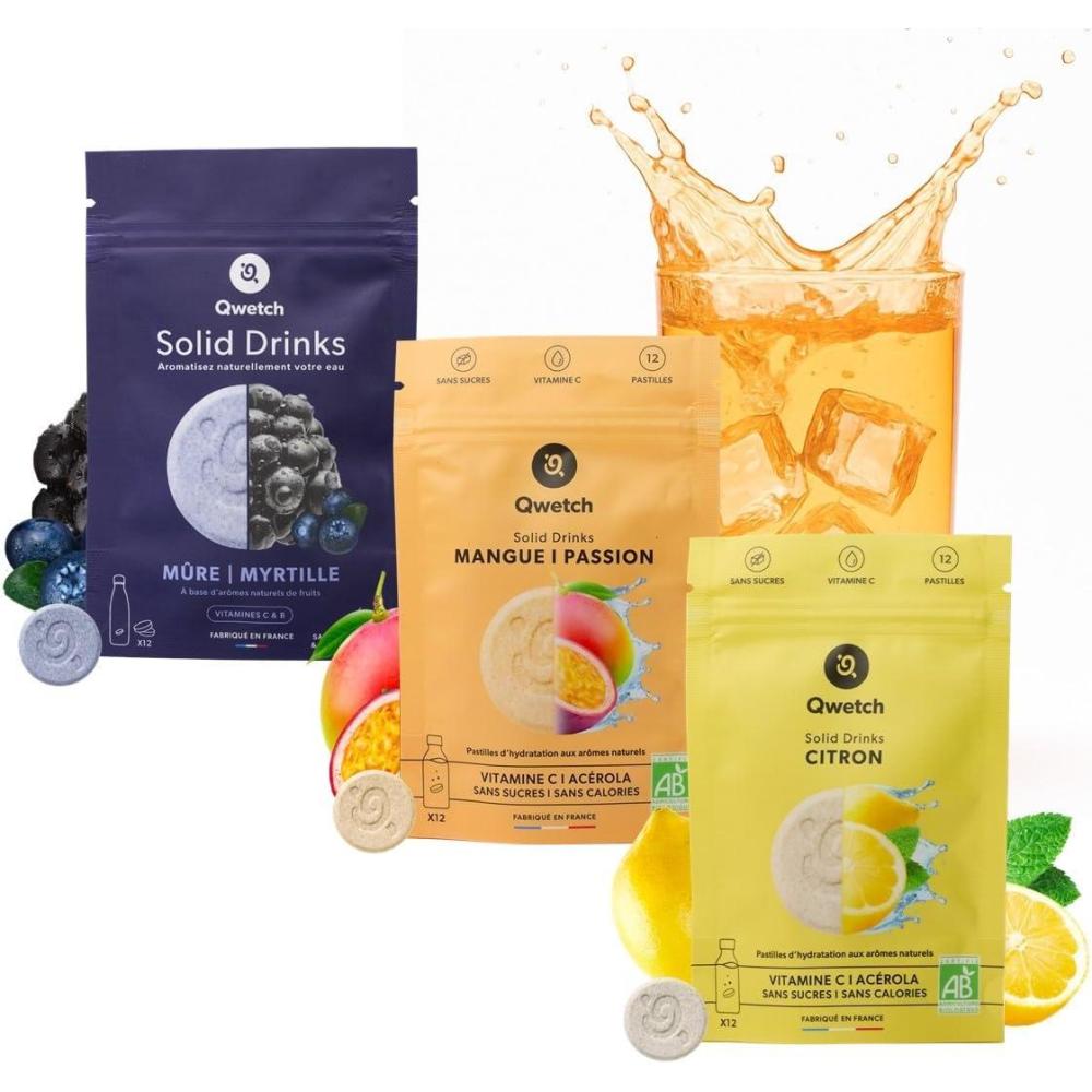 imageQwetch SOLID DRINKS 36 Pastilles dhydratation avec Vitamines C ampamp B Boisson Sans Sucres Saveurs FraiseampampFramboise MreampampMyrtille LitchiampampGoyave Vegan Zro Calories Fabriqu en FranceCoffret Classique