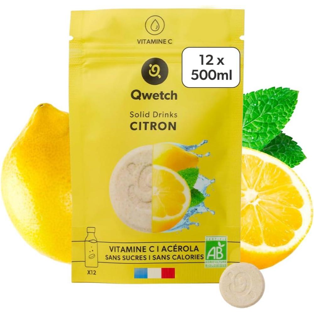 imageQwetch SOLID DRINKS BIO 12 Pastilles dhydratation avec Vitamine C Naturelle Boisson Sans Sucres Sans Calories Vegan Fabriqu en France Citron