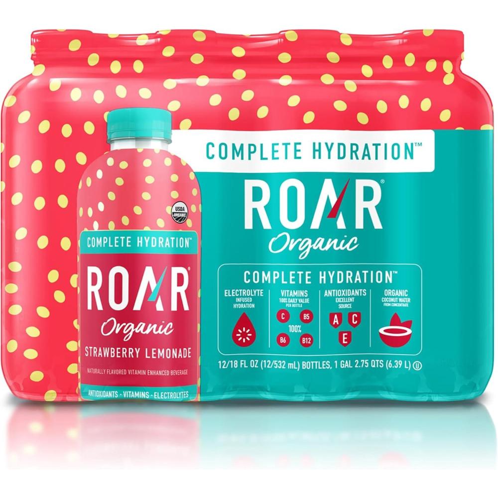 imageROAR Hydratation Complte Bio Boissons lectrolytes avec Vitamines C B5 B12 Sans OGM sans Gluten Fraise Citronnade 12 pc