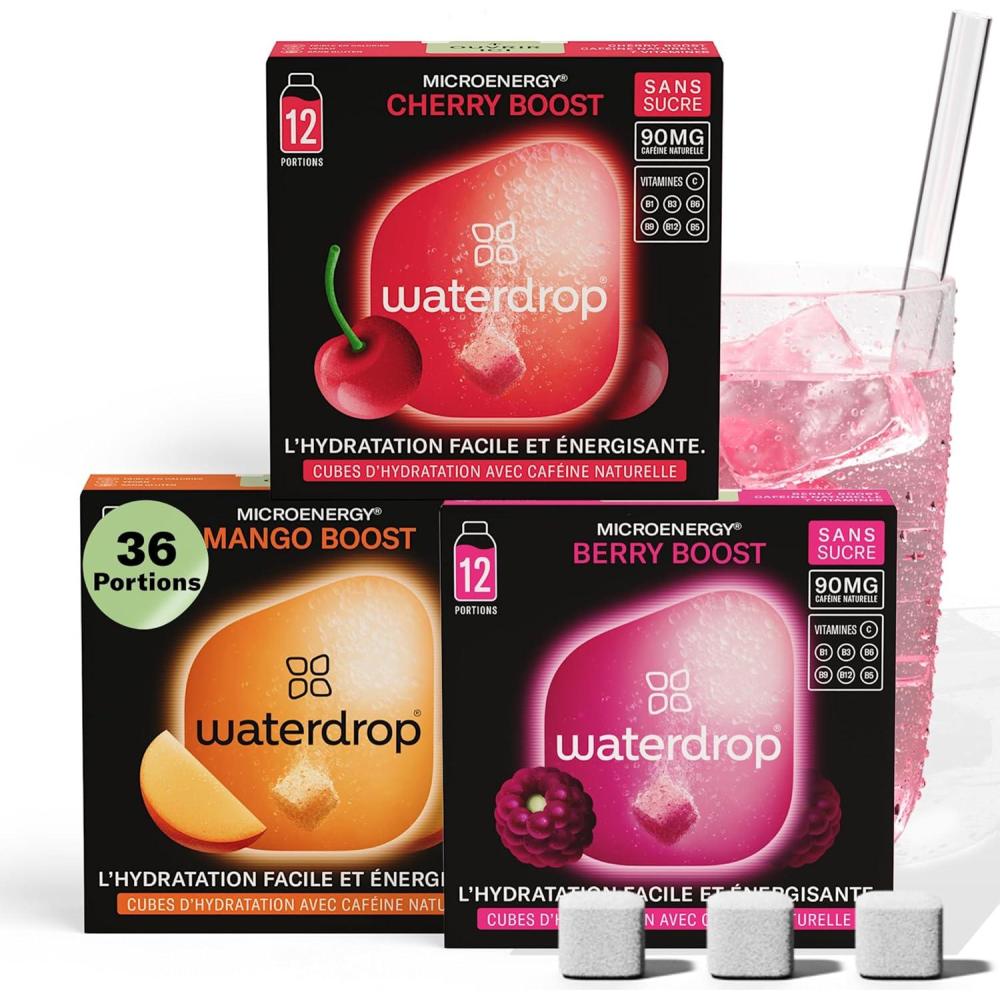 imagewaterdrop Coffret Microenergy Boisson nergisante Sans Sucre Boisson Gazeuse avec Arme de Cerise 36 Cubes Effervescents avec 90 mg de Cafine Naturelle Vitamines B et CCoffret Microenergy Boost