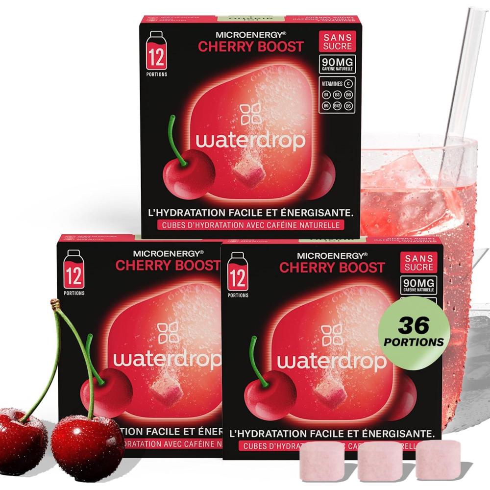 imagewaterdrop Coffret Microenergy Boisson nergisante Sans Sucre Boisson Gazeuse avec Arme de Cerise 36 Cubes Effervescents avec 90 mg de Cafine Naturelle Vitamines B et CCoffret CHERRY Boost